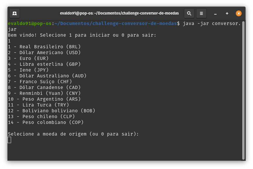Interface CLI do conversor de moedas em Java